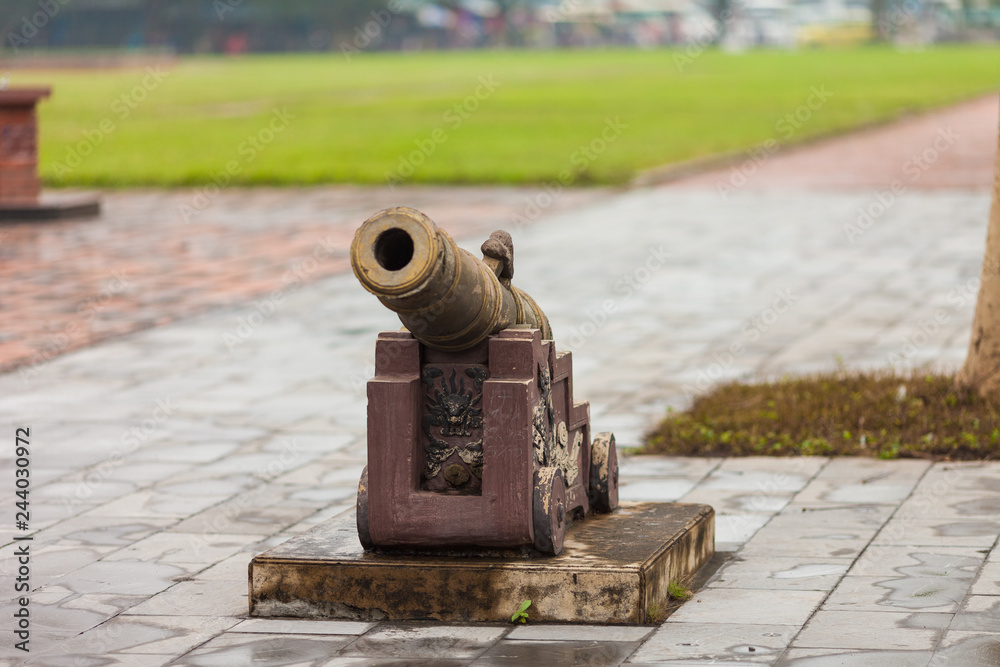 Hue, Vietnam. Stone cannon, one of two decoration in front of Phu Van Lau Pavilion at Citadel.