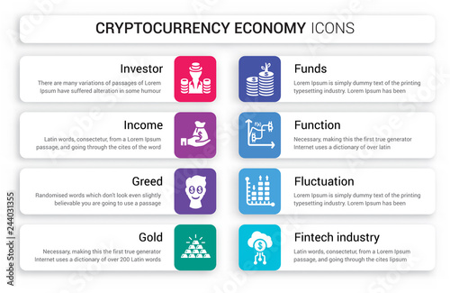 Set of 8 white cryptocurrency economy icons such as Investor, Income, Greed, Gold, Funds, Function isolated on colorful background