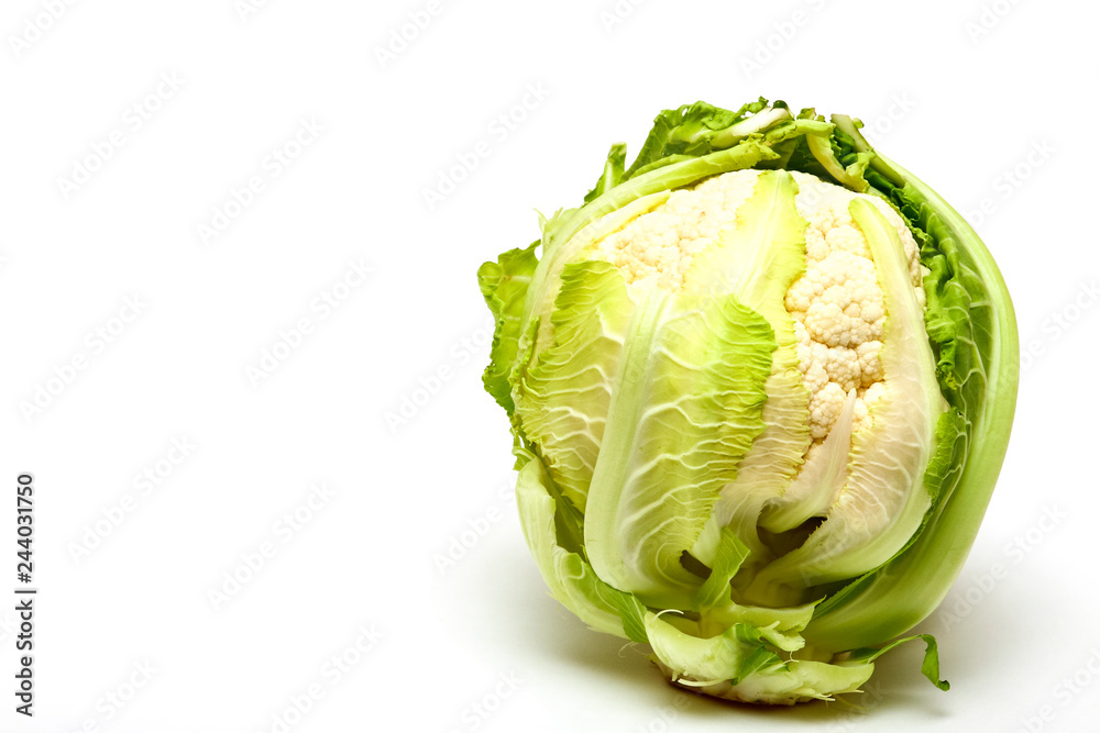 Fototapeta premium Close up of a uncooked Cauliflower isolated on a white background with copy space