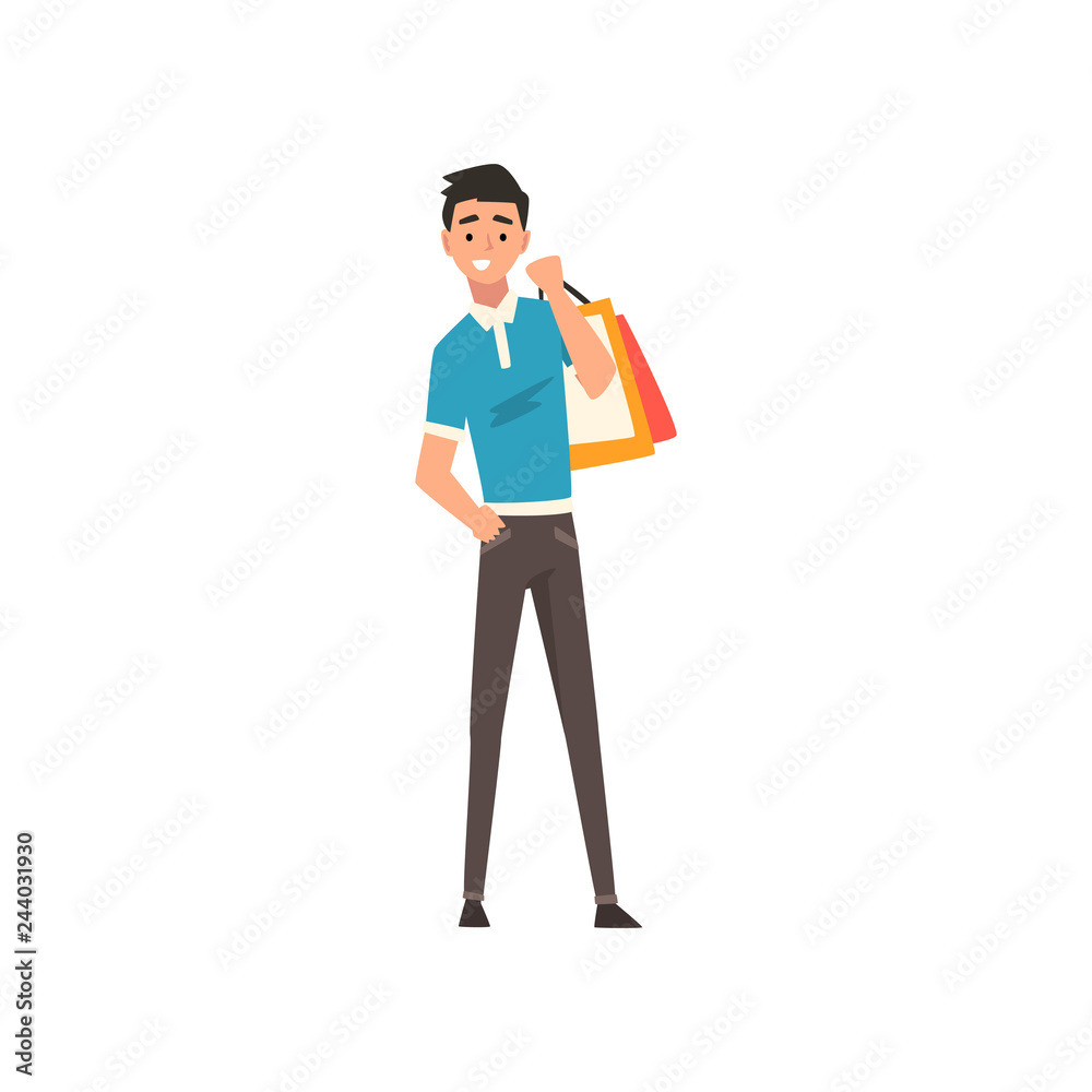 Smiling young man with shopping bags, guy purchasing of goods or gifts vector Illustration