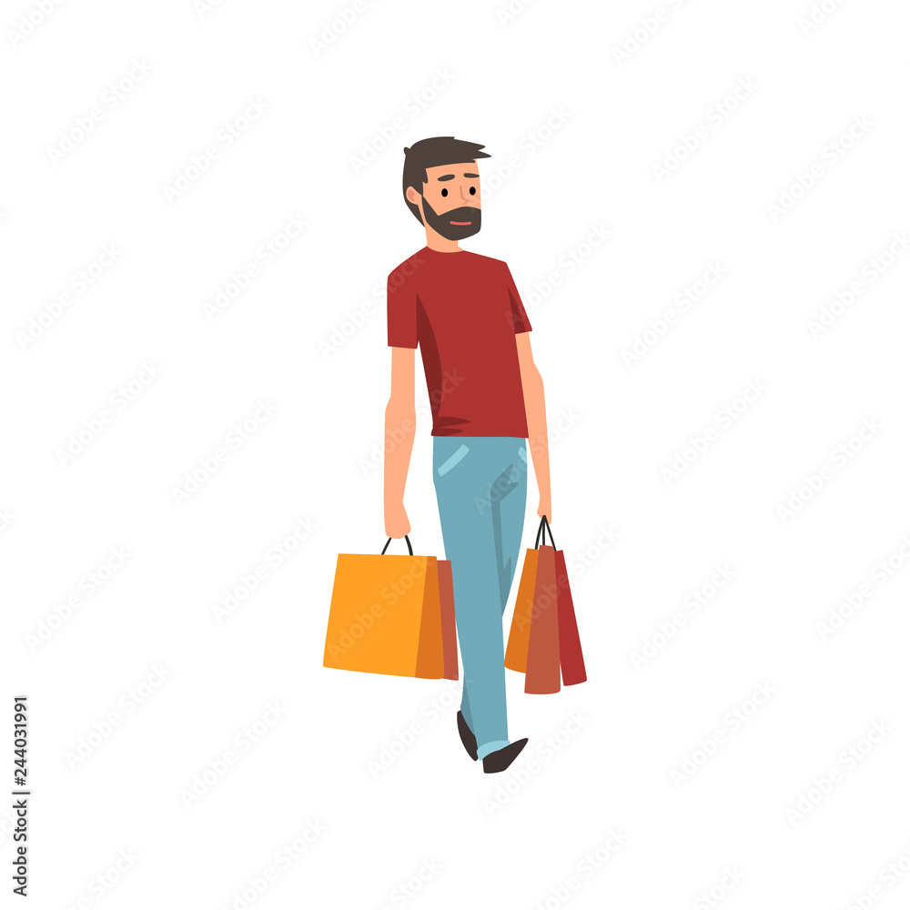 Young bearded man walking with shopping bags, man purchasing of goods or gifts vector Illustration