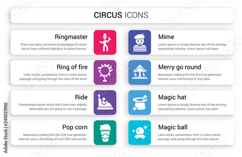 Set of 8 white circus icons such as ringmaster, Ring fire, Ride, Pop corn, Mime, Merry go round isolated on colorful background