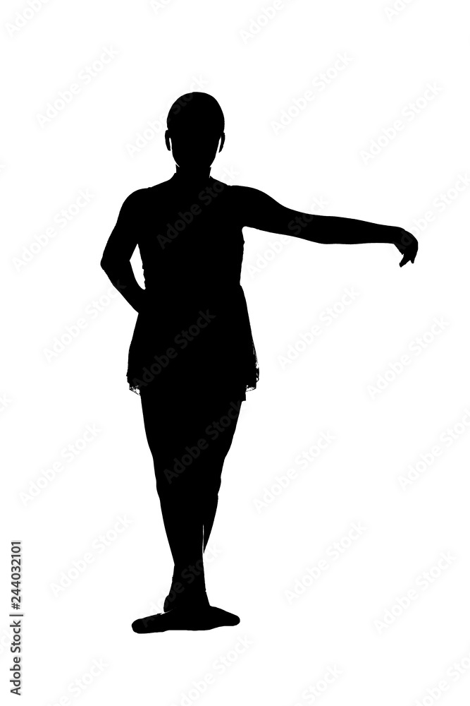 JPG of young teen female ballet dancer in RAD ballet poses black silhouette on white background; Third 3rd position from teacher's perspective