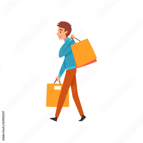 Young cheerful man with shopping bags, guy enjoying shopping and purchasing of goods or gifts vector Illustration
