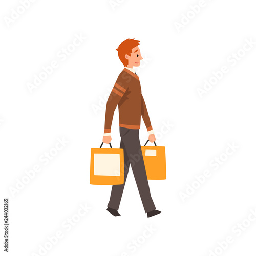 Young man walking with shopping bags, man purchasing of goods and gifts vector Illustration