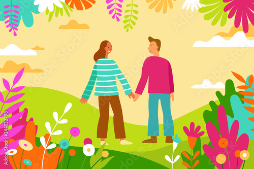 Vector illustration in flat linear style - spring illustration - landscape with happy man and woman walking together