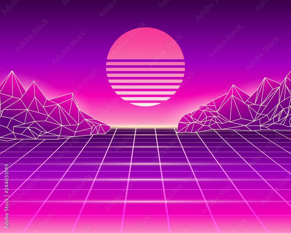 Retro background 80s-90s style. Vector illustration with mountains and laser  grid. Stock Vector | Adobe Stock