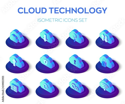 Cloud Icons Set. Cloud Technology. 3D Isometric Icons Set. Cloud Storage. Created For Mobile, Web, Decor, Application. Perfect for web design, banner and presentation. Vector illustration.