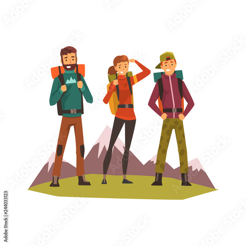 People travelling together, tourists hiking, mountain landscape, backpacking trip or expedition vector Illustration