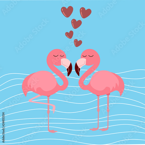 cute flamingo with hearts on blue background  vector illustration