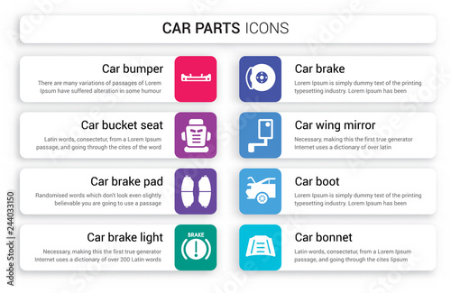 Set of 8 white car parts icons such as bumper, bucket seat, brake pad, light, brake, wing mirror isolated on colorful background