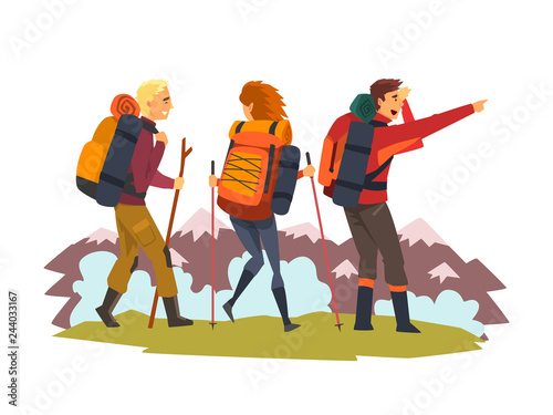 Men and woman travelling together, tourists hiking in mountains, summer adventure and exploration vector Illustration