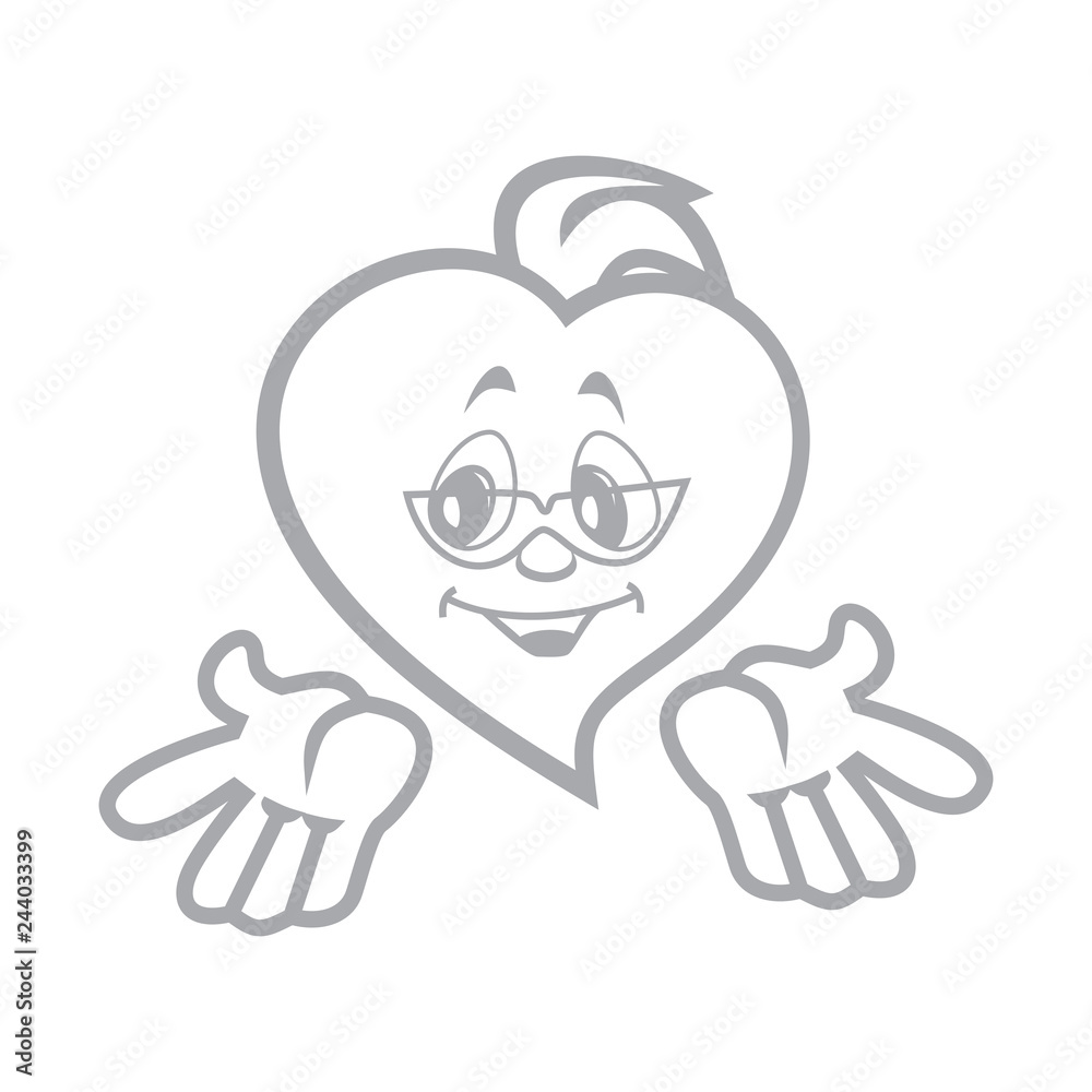 Vector illustration of the character heart boy terrible in sunglasses makes a helpless gesture. Fiery flame of love in the children's picture of the animation character. Monochrome.