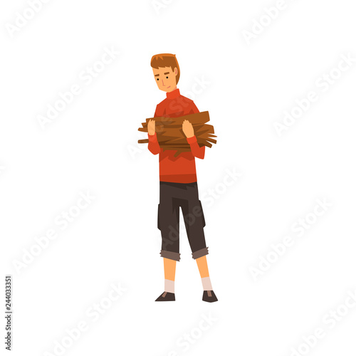 Man carrying a bundle of firewood, outdoor adventures travel, camping trip or expedition vector Illustration