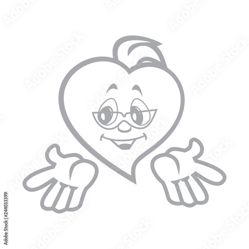 Vector illustration of the character heart boy terrible in sunglasses makes a helpless gesture. Fiery flame of love in the children's picture of the animation character. Monochrome.