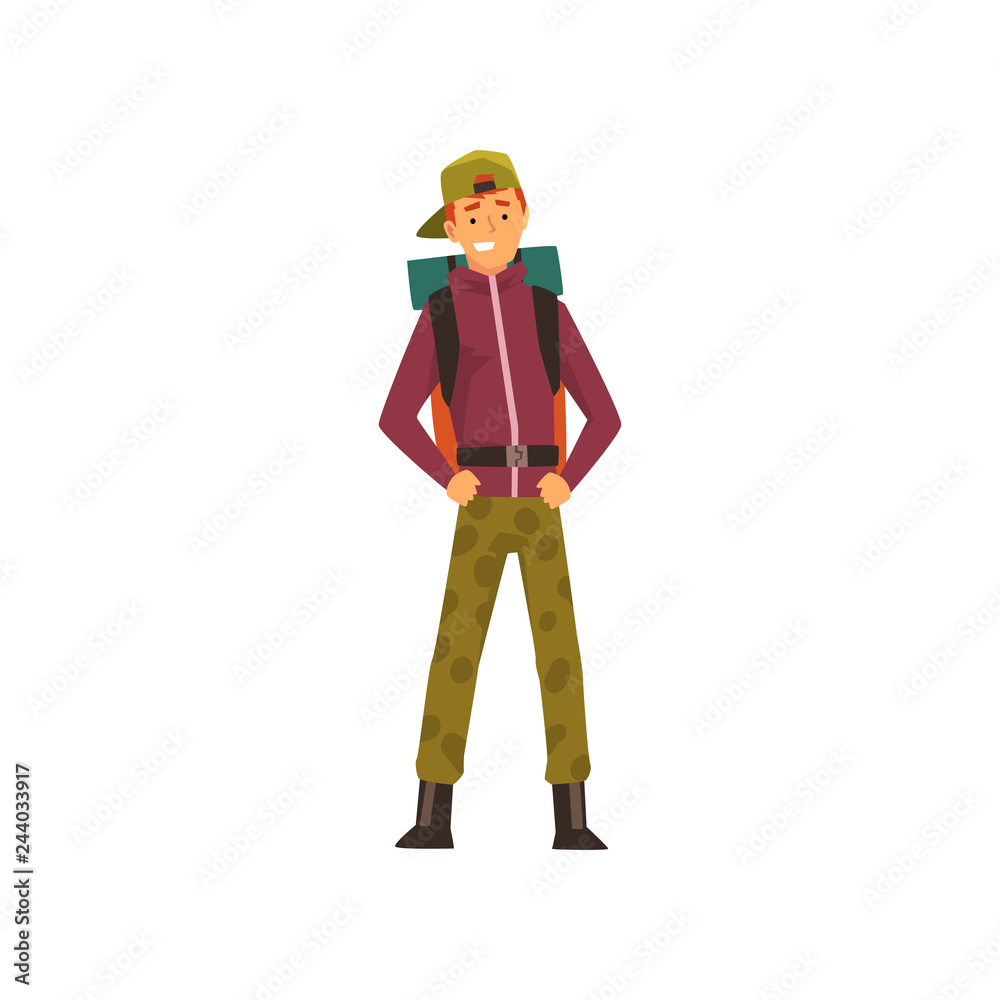 Smiling young man with backpack, outdoor adventures, travel, camping, backpacking trip or expedition vector Illustration Smiling young man with backpack, outdoor adventures, travel, camping, backpacking trip or expedition vector Illustration