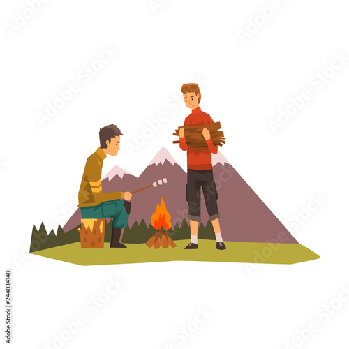 People camping, tourists near bonfire, man roasting marshmallows, outdoor adventures travel, backpacking trip or expedition vector Illustration
