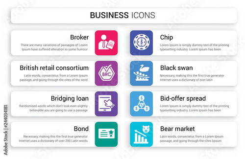 Set of 8 white business icons such as Broker, British Retail Consortium, Bridging loan, Bond, chip, Black swan isolated on colorful background