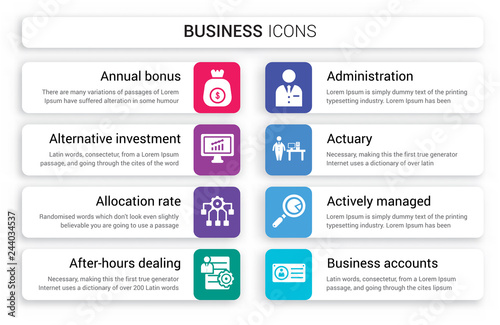 Set of 8 white business icons such as Annual bonus, Alternative investment market, Allocation rate, After-hours dealing, Administration, Actuary isolated on colorful background