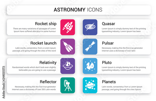 Set of 8 white astronomy icons such as Rocket ship, launch, Relativity, Reflector, Quasar, Pulsar isolated on colorful background