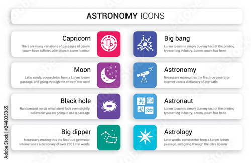 Set of 8 white astronomy icons such as Capricorn, Moon, Black hole, Big dipper, bang, Astronomy isolated on colorful background
