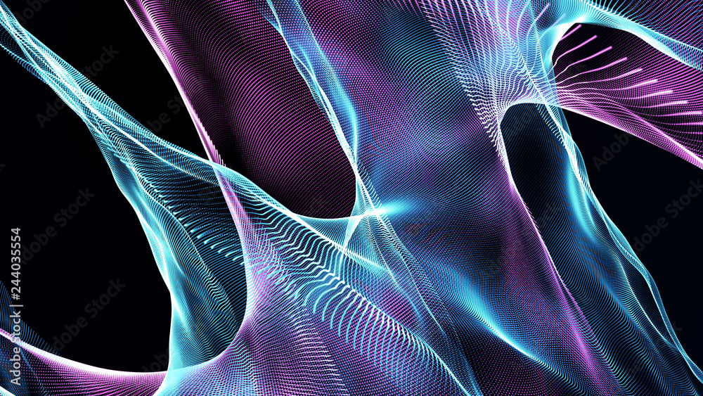 Naklejka premium Soaring fabric in space. 3d futuristic illustration. Digital landscape for presentations. Big data techno background. Digital illustration, abstract folded cloth, soaring fabric. 3D rendering.