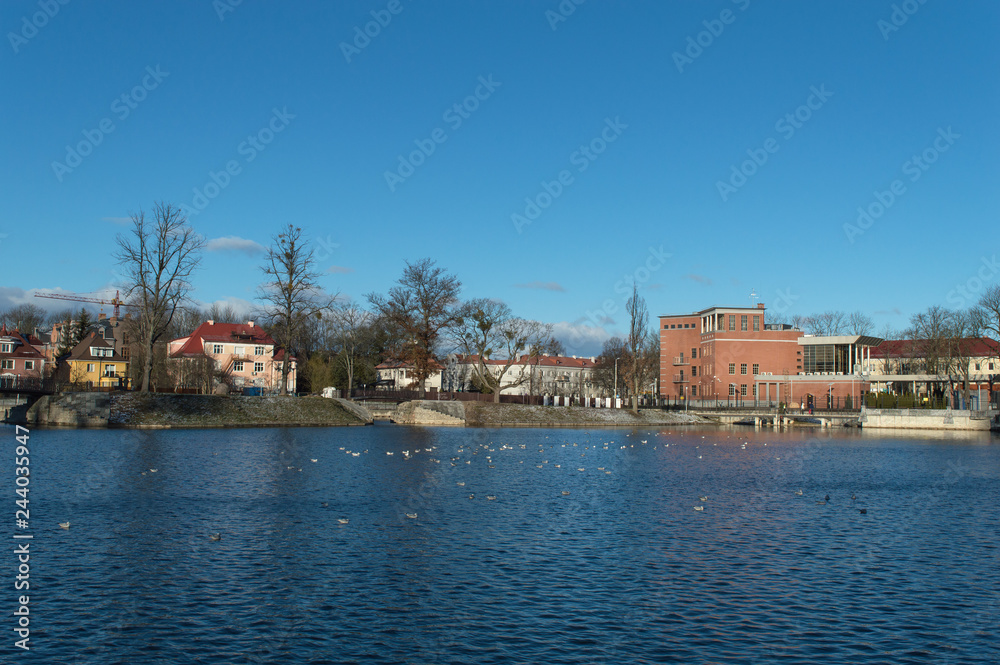 Obraz premium Winter landscape sunny afternoon house on the lake on a blue background