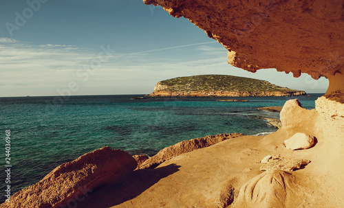 Beautiful sandy Cala Comte beach with azure blue sea water, Ibiza island, Spain - Image