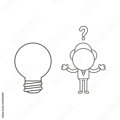 Vector confused businessman character with light bulb. Black outline.