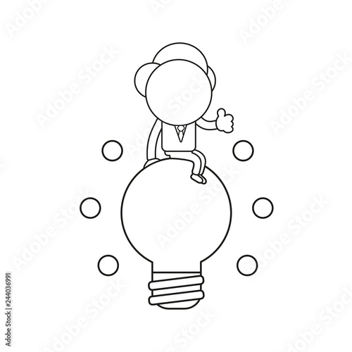 Vector businessman character sitting on glowing light bulb and showing thumbs up. Black outline.