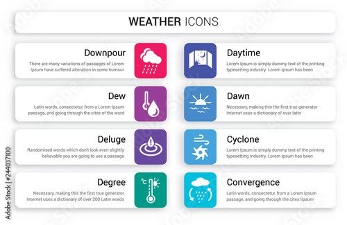 Set of 8 white weather icons such as Downpour, dew, deluge, degree, Daytime, Dawn isolated on colorful background