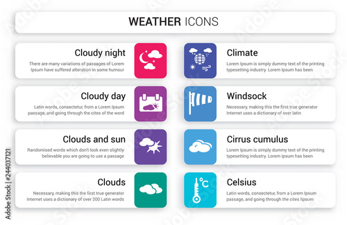 Set of 8 white weather icons such as Cloudy night, Day, Clouds and sun, Clouds, Climate, Windsock isolated on colorful background