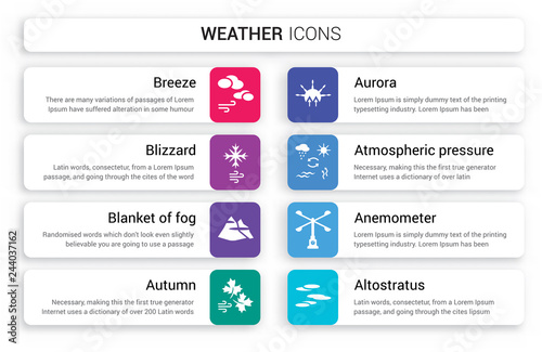 Set of 8 white weather icons such as Breeze, Blizzard, blanket fog, Autumn, Aurora, atmospheric pressure isolated on colorful background
