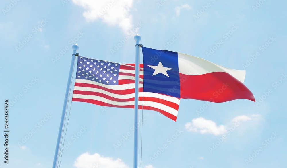 USA and state Texas, two flags waving against blue sky. 3d image USA and state Texas, two flags waving against blue sky. 3d image