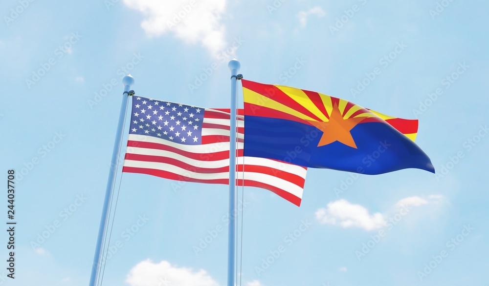 USA and state Arizona, two flags waving against blue sky. 3d image