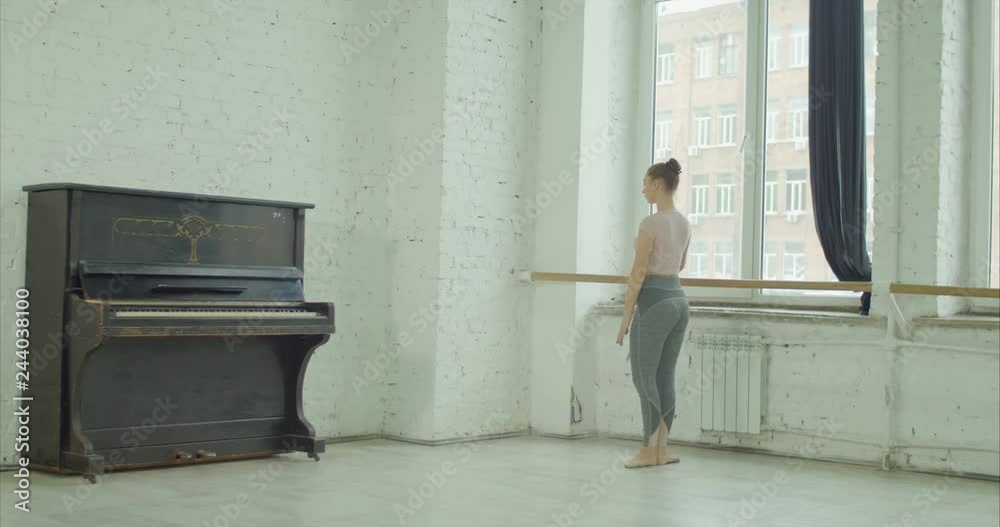 Graceful classic ballet dancer performing demi plie exersice at barre during rehearsal while training elements of classical dance in ballet studio. Ballerina practicing dance moves in dance studio.