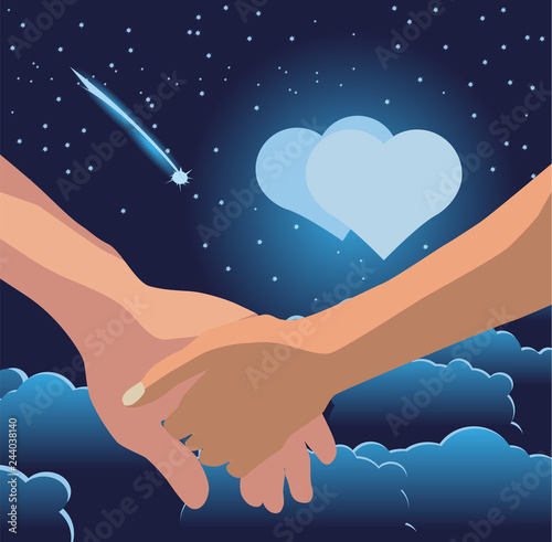 Men's hand holds the woman's hand against the background of the moon in the form of a heart, clouds, stars and comets. Vector illustration.