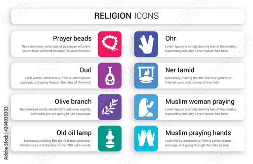 Set of 8 white religion icons such as Prayer Beads, Oud, Olive Branch, Old Oil Lamp, Ohr, Ner Tamid isolated on colorful background