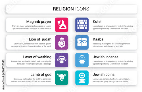 Set of 8 white religion icons such as Maghrib prayer, Lion  Judah, Laver Washing, Lamb God, Kotel, Kaaba isolated on colorful background