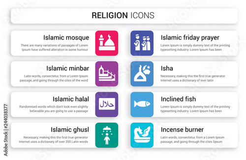 Set of 8 white religion icons such as Islamic Mosque, Minbar, Halal, Ghusl, Friday Prayer, Isha isolated on colorful background photo