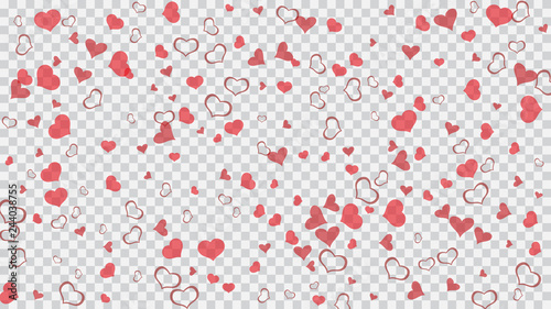 Red hearts of confetti are falling. Light background. A sample of wallpaper design, textiles, packaging, printing, holiday invitation for birthday. Red on Transparent background Vector.
