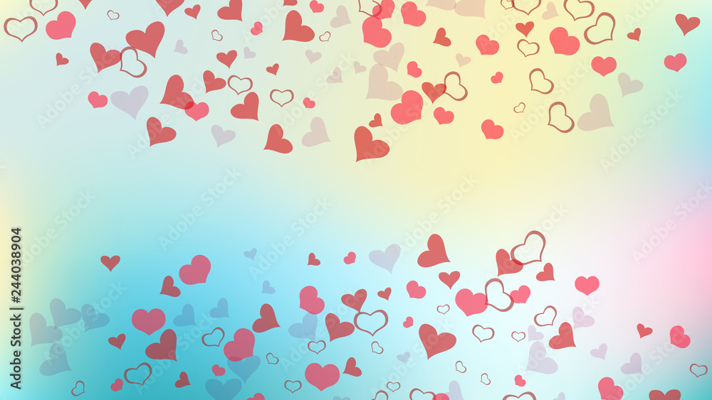 The idea of wallpaper design, textiles, packaging, printing, holiday invitation for Valentine's Day. Red on Gradient fond Vector. Spring background. Red hearts of confetti are flying.