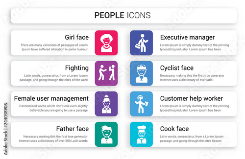 Set of 8 white people icons such as Girl face, Fighting, Female User Management, Father Executive Manager, Cyclist face isolated on colorful background