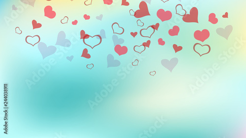 A sample of wallpaper design, textiles, packaging, printing, holiday invitation for birthday. Red hearts of confetti are falling. Romantic background. Red on Gradient fond Vector.