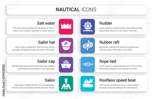 Set of 8 white nautical icons such as salt water, Sailor Hat, cap, Sailor, Rudder, Rubber Raft isolated on colorful background