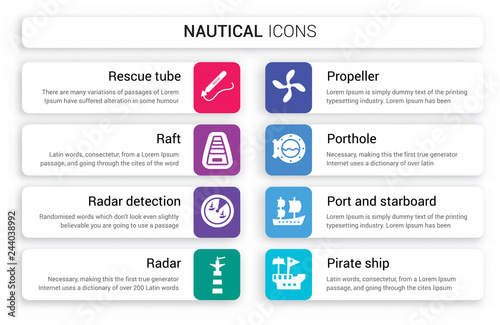 Set of 8 white nautical icons such as Rescue Tube, Raft, Radar detection, Radar, Propeller, Porthole isolated on colorful background