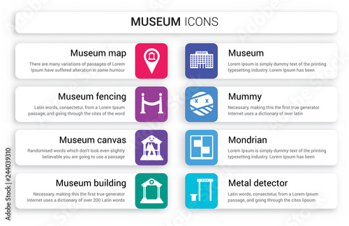 Set of 8 white museum icons such as Map, Fencing, Canvas, Museum building, Museum, Mummy isolated on colorful background