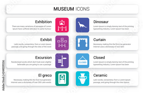 Set of 8 white museum icons such as Exhibition, Exhibit, Excursion, El greco, Dinosaur, Curtain isolated on colorful background