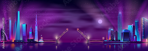 Vector illustration with drawbridge between two modern megalopolises. Cities on the river connected by bridge. Night architecture background with neon glowing buildings, skyscrapers in cartoon style. photo