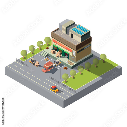 Delivery service warehouse building with forklift loading boxes and cargo in commercial van on parking isometric vector icon isolated on white background. City business real estate cartography element